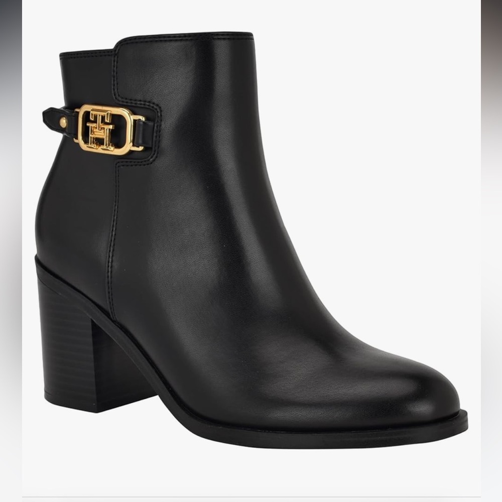 Tommy Hilfiger Black Ankle Boot with Gold Logo Accent - Picture 3 of 7